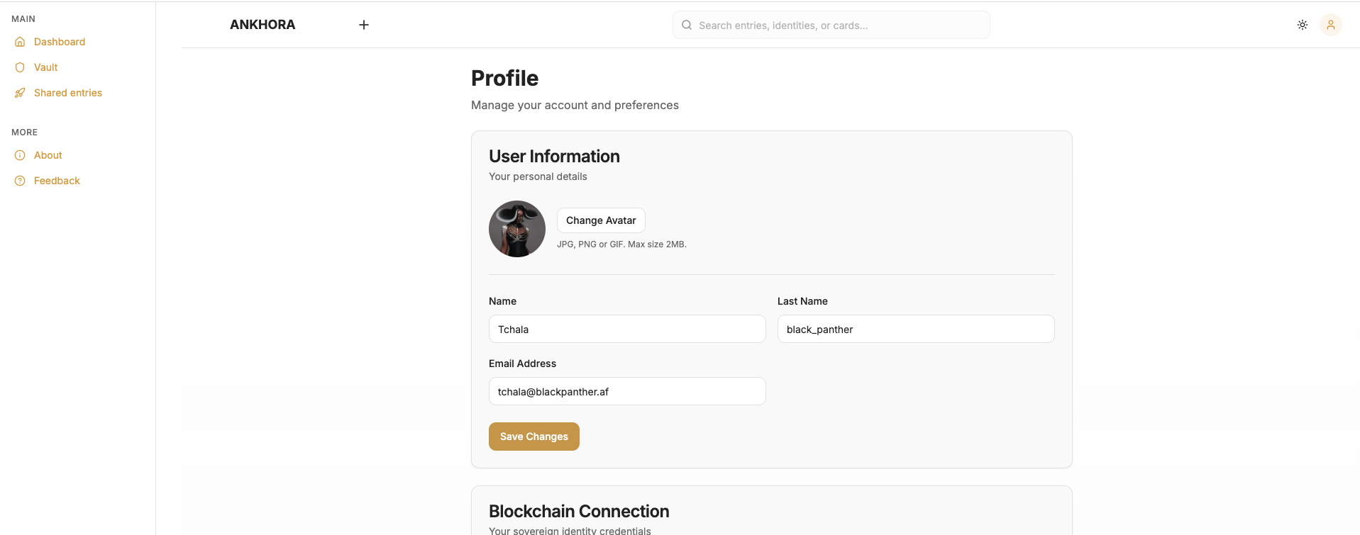 Ankhora Vault interface